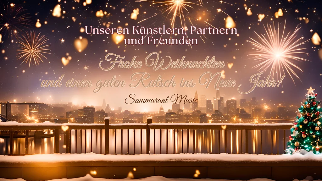 Winternacht mit Christbaum und Feuerwerk